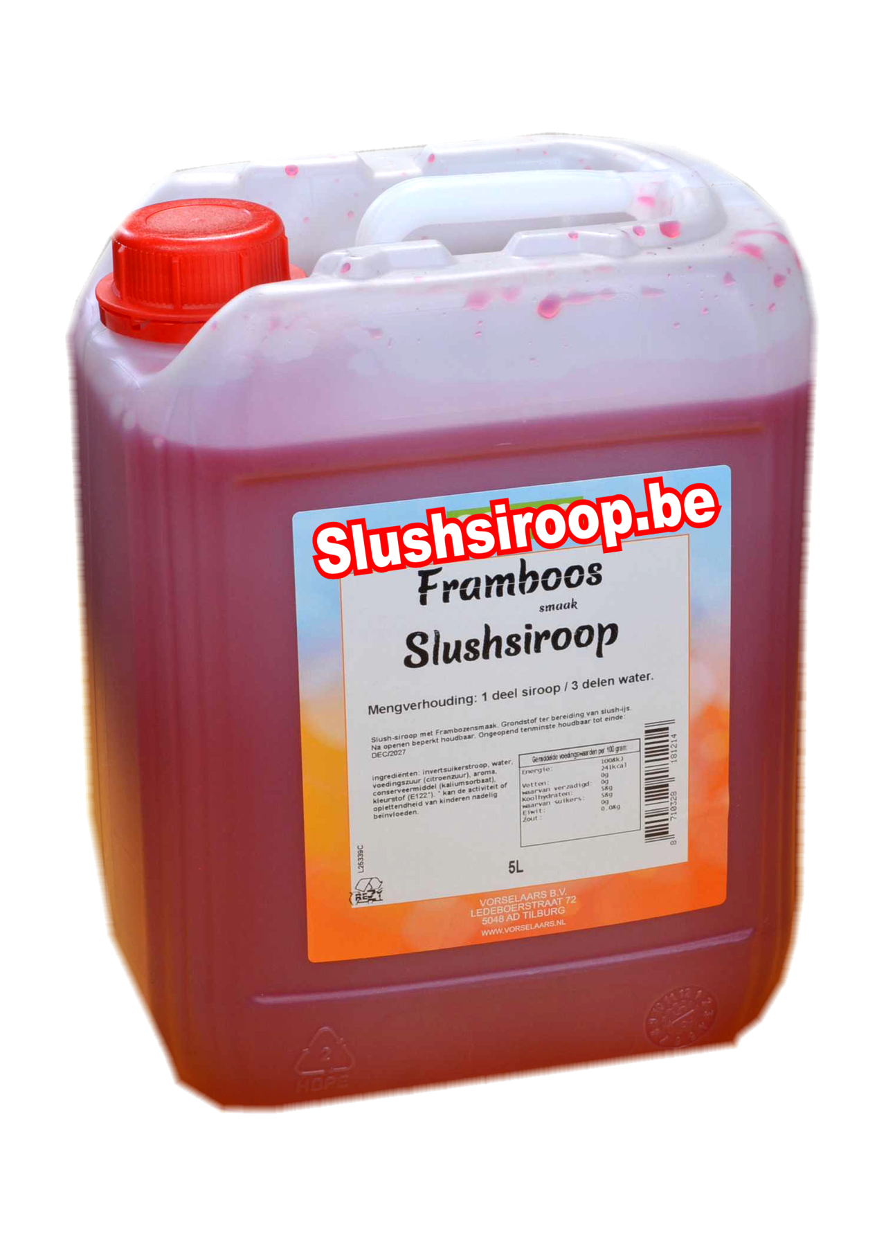 B-  Slushsiroop FRAMBOZEN smaak - tank met 5 ltr - Vorselaars - Slushsiroop.be