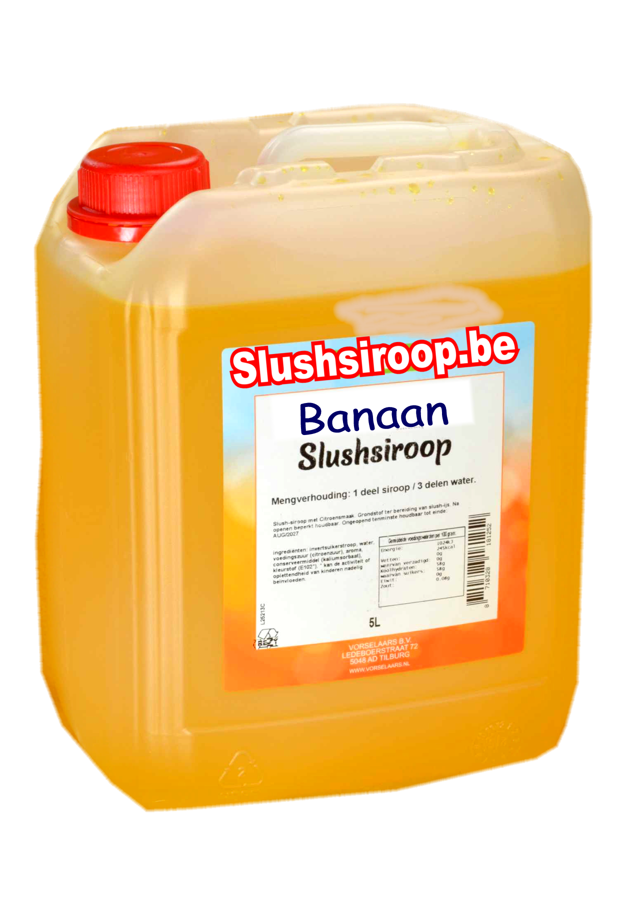 B- Slushsiroop BANAAN smaak - tank met 5 ltr - Vorselaars - Slushsiroop.be   Een lekkernij voor jong en oud