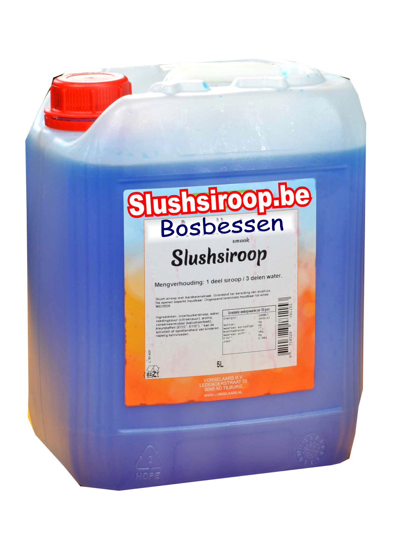 B- Slushsiroop BOSBESSEN smaak - tank met 5 ltr - Vorselaars - Slushsiroop.nl  -  Een ijskoude lekkernij voor jong en oud
