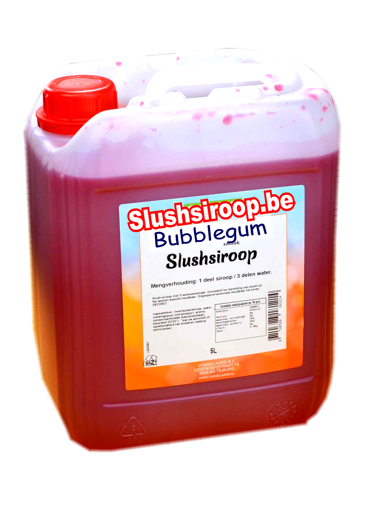 B- Slushsiroop BUBBLEGUM - tank met 5 ltr - Vorselaars - Slushsiroop.be  -  De ijskoude ijsdrank
